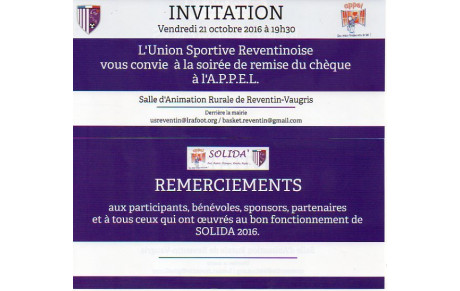 Solida'Foot 2016 : Soirée de remise du chèque vendredi 21 octobre à 19h30