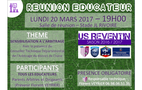 Réunion éducateurs lundi 20 mars à 19h
